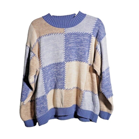 VTG 80s 90s Blue Tan Patchwork Knit Sweater Mens L Jantzen Quirky Grandpa Quirky - Picture 1 of 5